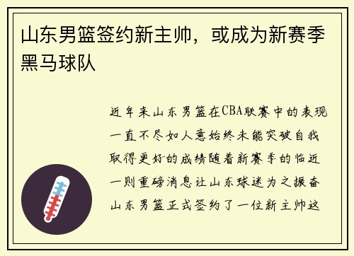 山东男篮签约新主帅，或成为新赛季黑马球队