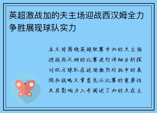 英超激战加的夫主场迎战西汉姆全力争胜展现球队实力