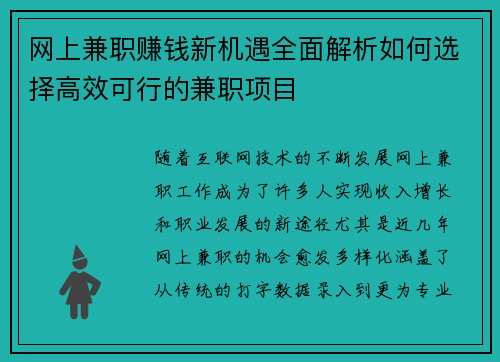 网上兼职赚钱新机遇全面解析如何选择高效可行的兼职项目