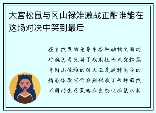 大宫松鼠与冈山禄雉激战正酣谁能在这场对决中笑到最后