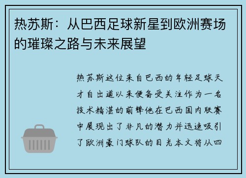 热苏斯：从巴西足球新星到欧洲赛场的璀璨之路与未来展望