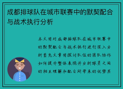 成都排球队在城市联赛中的默契配合与战术执行分析