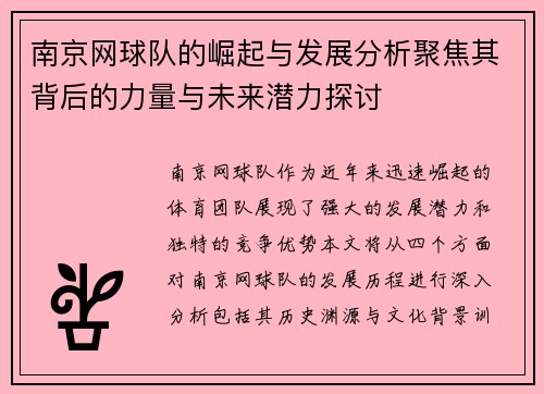 南京网球队的崛起与发展分析聚焦其背后的力量与未来潜力探讨