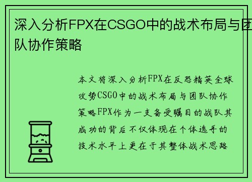 深入分析FPX在CSGO中的战术布局与团队协作策略