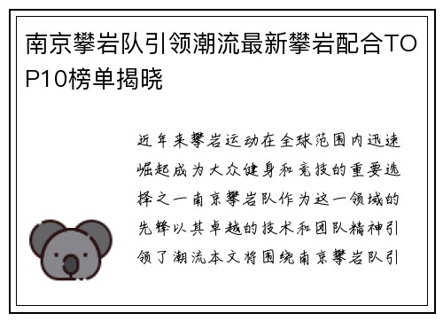 南京攀岩队引领潮流最新攀岩配合TOP10榜单揭晓