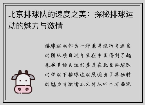北京排球队的速度之美：探秘排球运动的魅力与激情