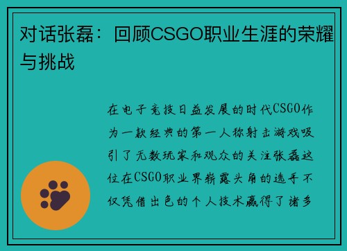 对话张磊：回顾CSGO职业生涯的荣耀与挑战