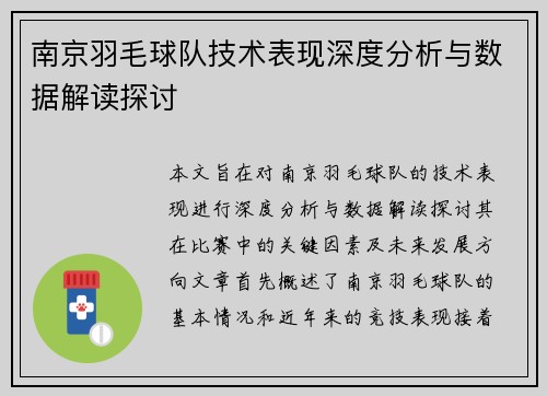 南京羽毛球队技术表现深度分析与数据解读探讨