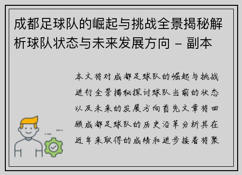 成都足球队的崛起与挑战全景揭秘解析球队状态与未来发展方向 - 副本