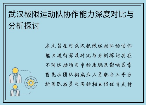 武汉极限运动队协作能力深度对比与分析探讨