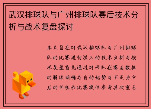 武汉排球队与广州排球队赛后技术分析与战术复盘探讨