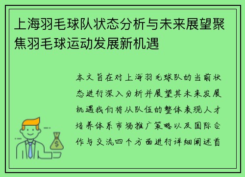 上海羽毛球队状态分析与未来展望聚焦羽毛球运动发展新机遇